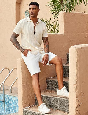COOFANDY Mens Knit Button Down Shirts Casual Textured Polo Shirt Short Sleeve Vintage Summer Beach Tops