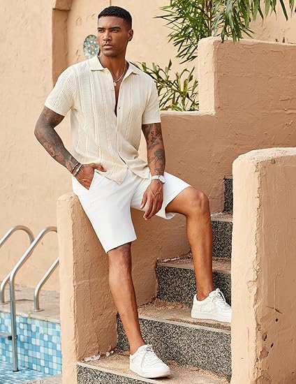COOFANDY Mens Knit Button Down Shirts Casual Textured Polo Shirt Short Sleeve Vintage Summer Beach Tops