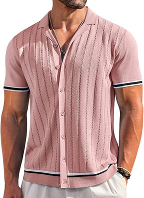 COOFANDY Men's Short Sleeve Knit Casual Button Down Shirt Vintage Striped Knitted Golf Beach Tops