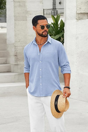 COOFANDY Men's Casual Button Down Shirt Long Sleeve Linen Chambray Shirt