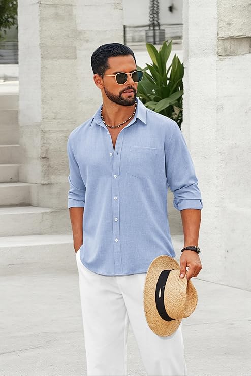 COOFANDY Men's Casual Button Down Shirt Long Sleeve Linen Chambray Shirt