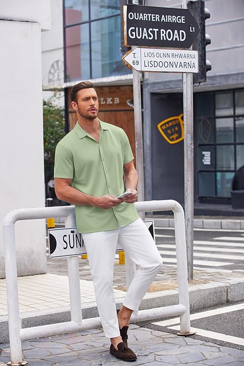 COOFANDY Men's Saint Patrick's Day Green Short Sleeve Casual Wrinkle Free Summer Shirt