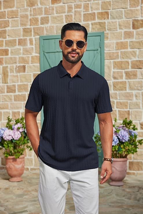 COOFANDY Mens Polo Shirt Textured Knit Button Casual Short Sleeve Summer Vacation Beach Stretchy Golf Shirts