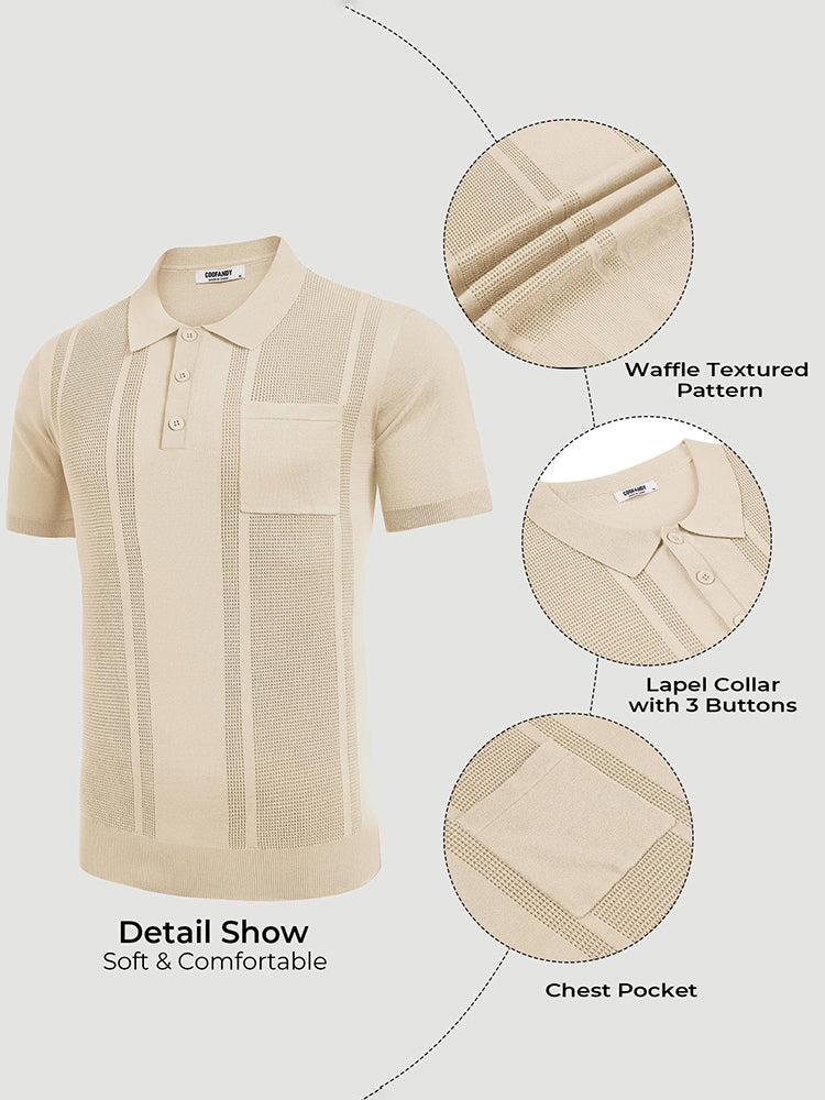 COOFANDY Knit Polo Shirts for Men Short Sleeve Textured Polo Shirt Slim Fit Summer Collared T Shirt with Pocket
