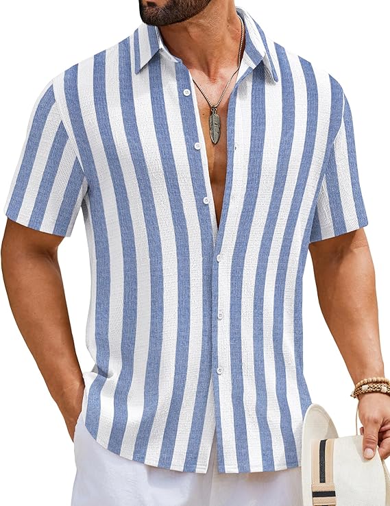 COOFANDY Mens Short Sleeve Casual Shirts Button Down Striped Summer Shirts Textured Vacation Beach Shirt