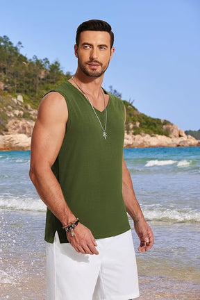 COOFANDY Men's V Neck Summer Beach Tank Top Sleeveless Casual Tank Shirts Hippie Tops