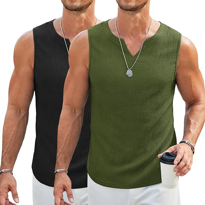 COOFANDY Men's Casual Tank Tops Knit V Neck Sleeveless T Shirts 2 Pack Summer Beach Lightweight Muscle Tee
