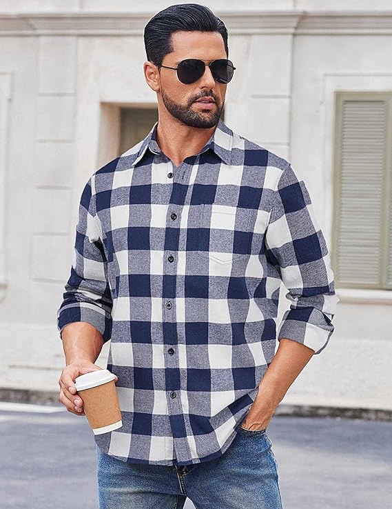COOFANDY Men's Casual Long Sleeve Button Up Plaid Flannel Shirt Jacket with Pocket