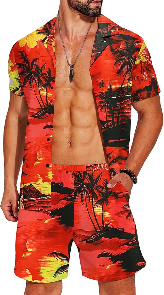 COOFANDY Men's Hawaiian Matching Shirt and Shorts Set Summer Beach 2 Piece Outfits Short Sleeve Cuban Shirts and Shorts
