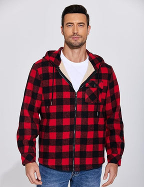 COOFANDY Men's Flannel Fleece Jacket Sherpa Lined Shirt Jacket Plaid Zip Up Hoodie Soft Warm Coat with Hood