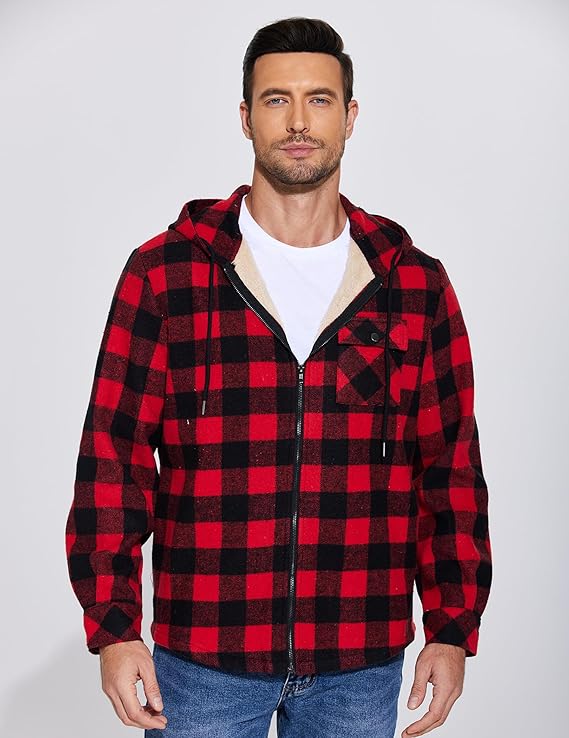 COOFANDY Men's Flannel Fleece Jacket Sherpa Lined Shirt Jacket Plaid Zip Up Hoodie Soft Warm Coat with Hood