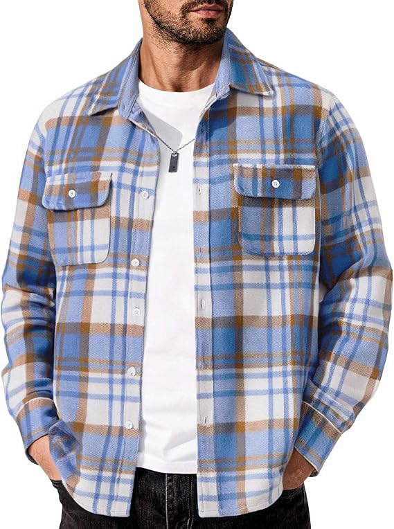 COOFANDY Men's Flannel Shirts Long Sleeve Cotton Plaid Shirt Jacket Casual Button Down Shirt with Pockets
