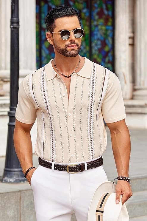 COOFANDY Knit Shirts for Men Casual Short Sleeve Button Down Shirts Summer Beach Stretch Fit Collared Shirts