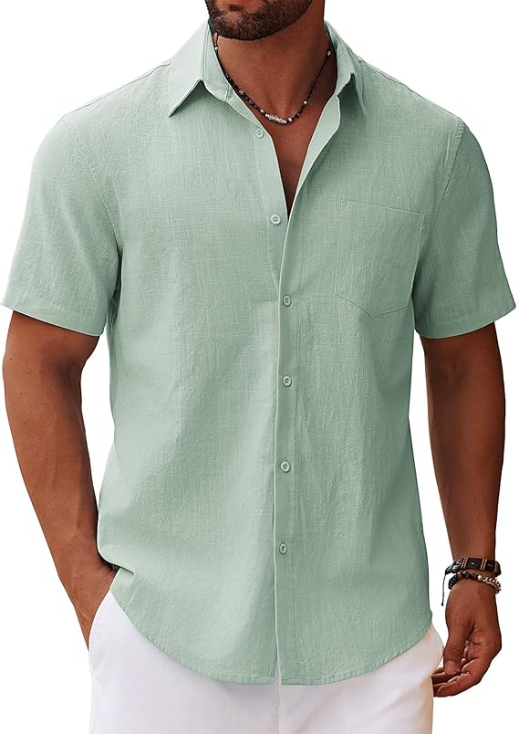 COOFANDY Men's Lapel Slim Fit Shirt Solid Color with Pockets