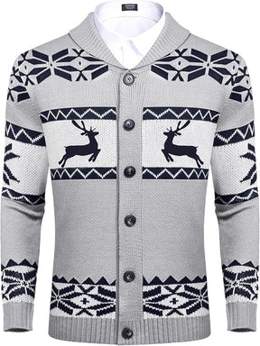 COOFANDY Men's Christmas Cardigans Ugly Xmas Sweaters Reindeer Snowflake Shawl Collar Knitted Cardigan Sweater