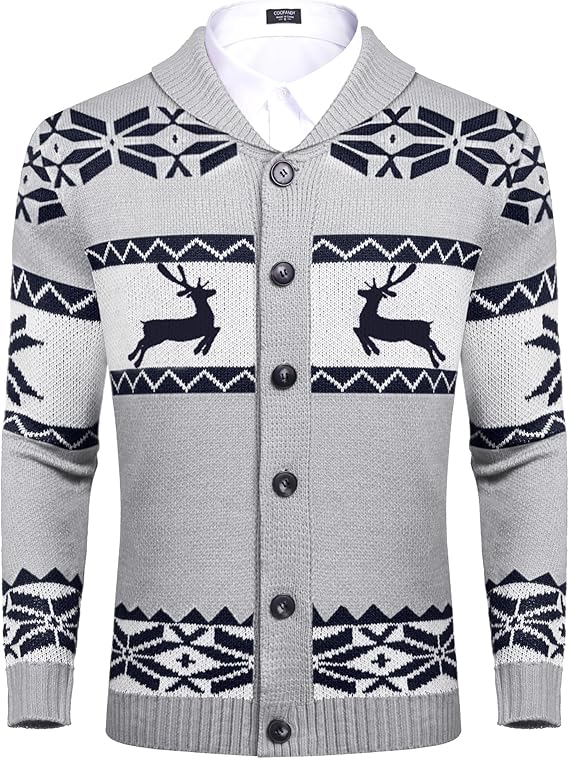 COOFANDY Men's Christmas Cardigans Ugly Xmas Sweaters Reindeer Snowflake Shawl Collar Knitted Cardigan Sweater