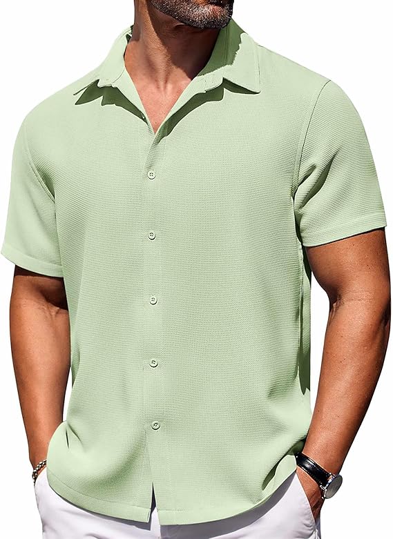COOFANDY Mens Short Sleeve Button Down Shirts Waffle Shirt Casual Beach Summer Shirts Wrinkle Free Vacation Shirts