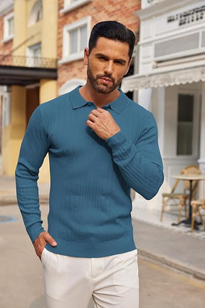 COOFANDY Knit Polo Shirts Long Sleeve Button Down Ribbed Polo Shirt Golf Shirts
