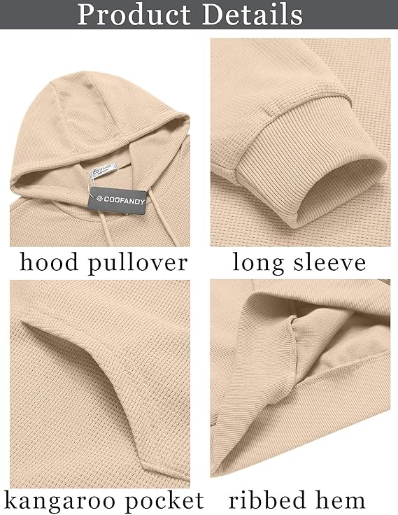 COOFANDY Men's Hooded Sweatshirts Long Sleeve Casual Pullover Hoodie Waffle Knit Sweatshirt with Pocket