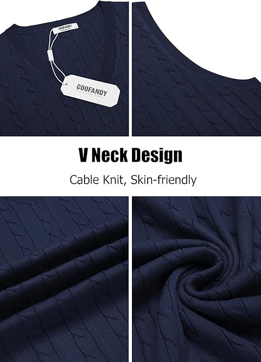 COOFANDY Men's Sweater Vest V Neck Slim Fit Cable Knitted Sleeveless Pullover Sweater