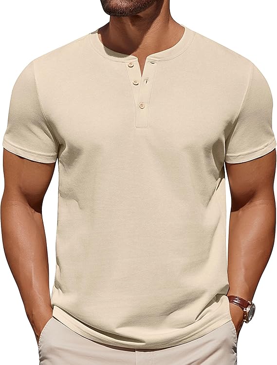 COOFANDY Mens Cotton Henley T-Shirts Short Sleeve Button Casual Basic Tees Work Shirts with Split Side