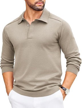 COOFANDY Mens Knit Polo Sweater Long Sleeve Polo Collared Sweaters Hidden Button Casual Pullover Sweater