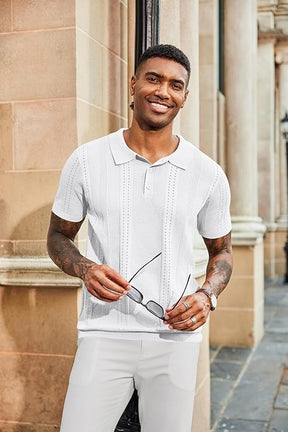 COOFANDY Mens Knit Polo Shirts Short Sleeve Textured Button Down Polo Shirt Cuban Guayabera Summer Beach Shirts