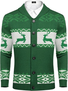 COOFANDY Men's Christmas Cardigans Ugly Xmas Sweaters Reindeer Snowflake Shawl Collar Knitted Cardigan Sweater