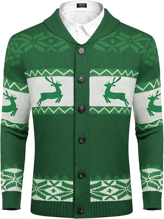 COOFANDY Men's Christmas Cardigans Ugly Xmas Sweaters Reindeer Snowflake Shawl Collar Knitted Cardigan Sweater