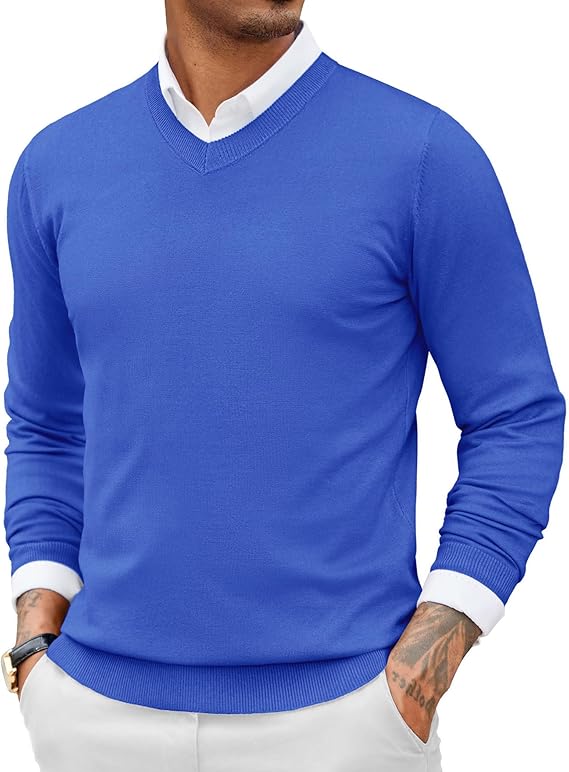 COOFANDY Men Casual V Neck Sweater Ribbed Knit Slim Fit Long Sleeve Pullover Top