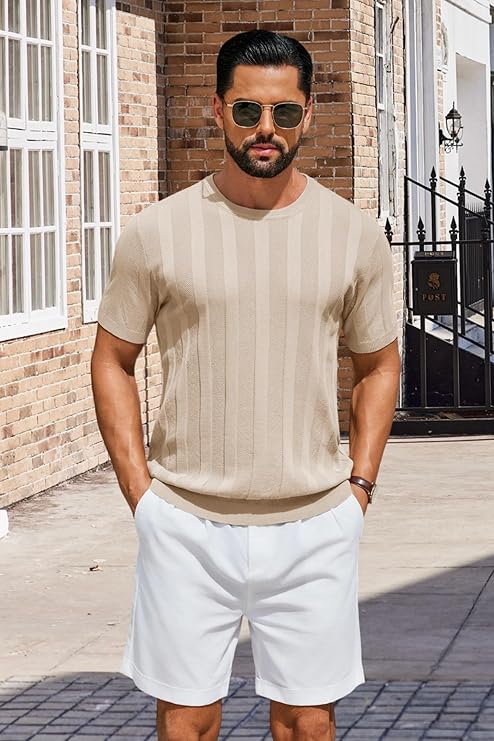 COOFANDY Mens T-Shirts Short Sleeve Knit Shirt Crew Neck Sweater Fashion Casual Textured Pullover Tees