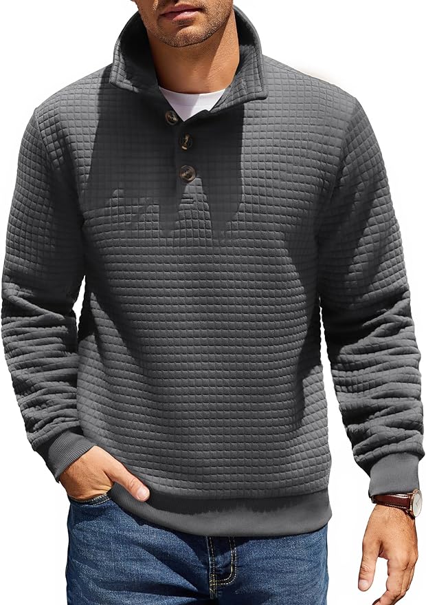 COOFANDY Mens 1/4 Quilted Pullover Half Casual Stand Collar Long Sleeve Sweatshirt Big and Tall Mock Neck Sweater