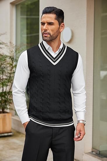COOFANDY Men's Sweater Vest V Neck Casual Sleeveless Pullover Striped Cable Knit Sweater Vest