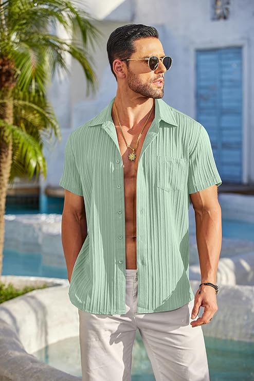 COOFANDY Men's Saint Patrick's Day Green Short Sleeve Textured Casual Button Down Shirt with Pocket Summer Beach Wear