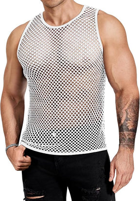 COOFANDY Men Casual Tank Tops Mesh Shirt See Through Sleeveless Shirts Muscle Fishnet Fitted Tee Clubwear Summer