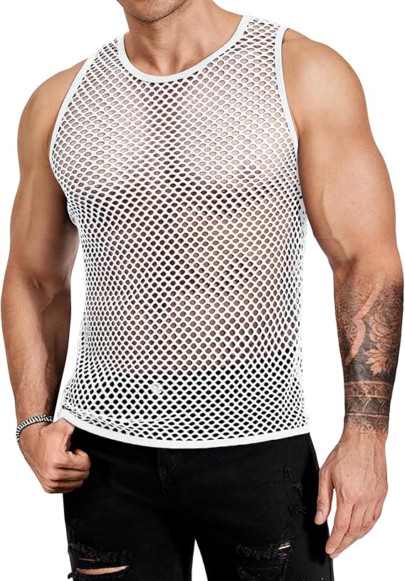 COOFANDY Men Casual Tank Tops Mesh Shirt See Through Sleeveless Shirts Muscle Fishnet Fitted Tee Clubwear Summer