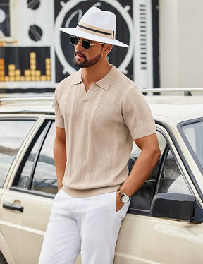 COOFANDY Mens Knit Polo Shirts V Neck Textured Polo Shirts Short Sleeve Breathable Polo Casual Collared T Shirt Fashion Tops