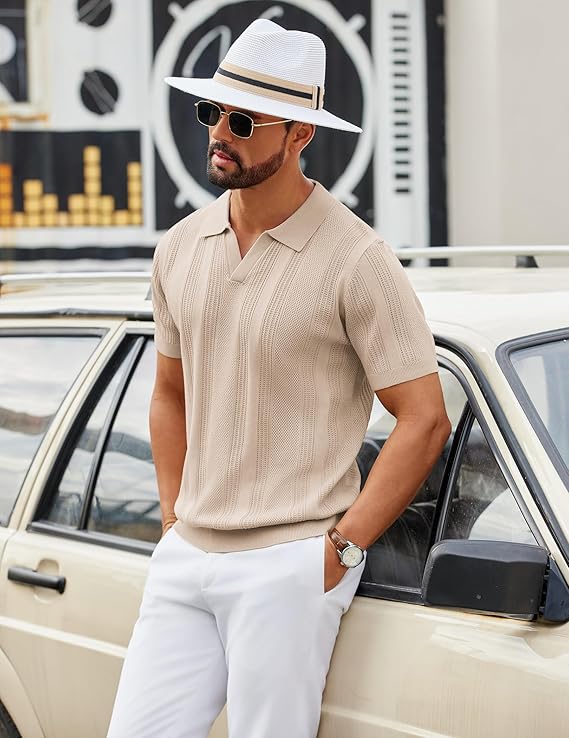 COOFANDY Mens Knit Polo Shirts V Neck Textured Polo Shirts Short Sleeve Breathable Polo Casual Collared T Shirt Fashion Tops