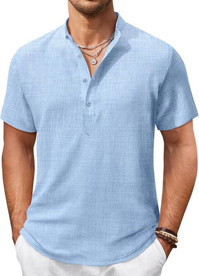 COOFANDY Men's Casual Henley Shirt Short Sleeve Summer Shirts Linen Band Collar Summer Beach Hippie T-Shirts