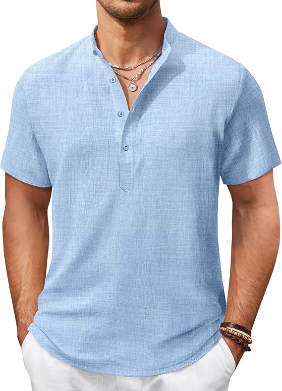 COOFANDY Men's Casual Henley Shirt Short Sleeve Summer Shirts Linen Band Collar Summer Beach Hippie T-Shirts