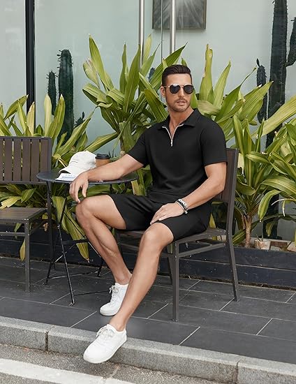 COOFANDY Mens Tracksuit Casual 2 Piece Quarter Zip Polo Shirt and Shorts Set Athletic Jogging Sports Outfits