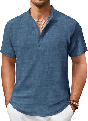 COOFANDY Men's Casual Henley Shirt Short Sleeve Summer Shirts Linen Band Collar Summer Beach Hippie T-Shirts
