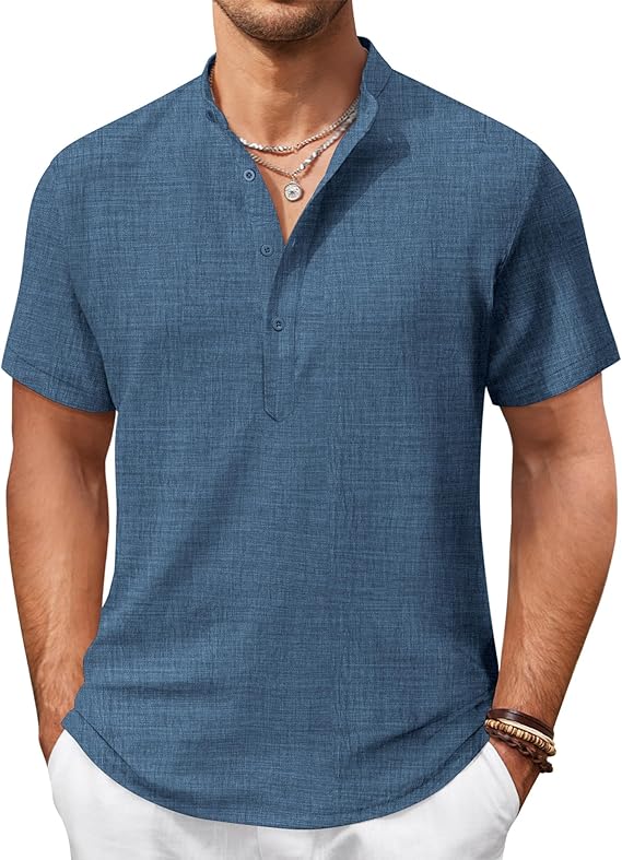 COOFANDY Men's Casual Henley Shirt Short Sleeve Summer Shirts Linen Band Collar Summer Beach Hippie T-Shirts