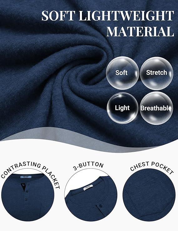 COOFANDY Men Long Sleeve Henley T-Shirs Casual Basic Lightweight Fashion Shirts Soild Tees with Pockets