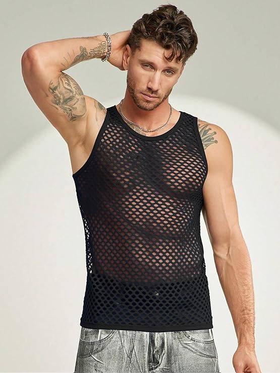 COOFANDY Men Casual Tank Tops Mesh Shirt See Through Sleeveless Shirts Muscle Fishnet Fitted Tee Clubwear Summer