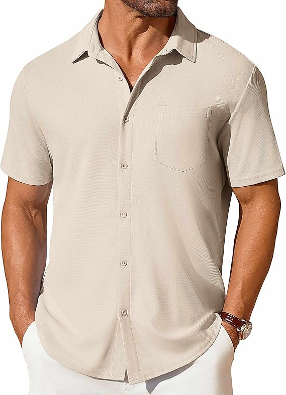 COOFANDY Men's Short Sleeve Button Down Shirt Casual Summer Beach Shirt Waffle Knit Shirts Wrinkle Free Untucked Shirt
