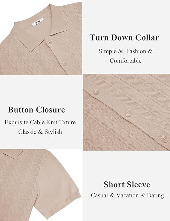 COOFANDY Men's Short Sleeve Knit Shirt Casual Button Down Shirt Vintage Summer Beach Vacation Tops