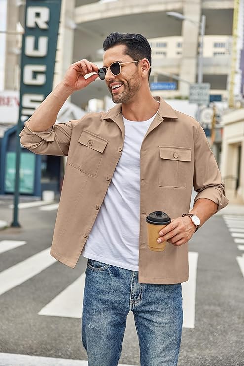 COOFANDY Mens Casual Shirt Jackets Cotton Linen Work Shacket Button Down Overshirt with Pockets