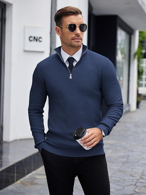 COOFANDY Men's Quarter Zip Sweaters Slim Fit Lightweight Knitted Mock Neck Pullover Casual Polo Sweaters