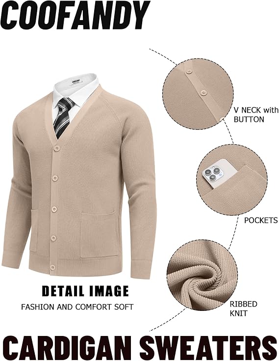 COOFANDY Men's Cardigan Sweaters with Button Lightweight Casual V Neck Long Sleeve Pockets Knitted Sweater